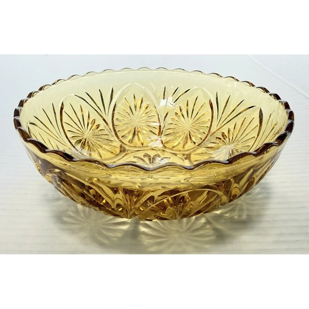 ANCHOR HOCKING Vintage Medallion Honey Gold Amber Egg Pattern Bowl Candy Dish